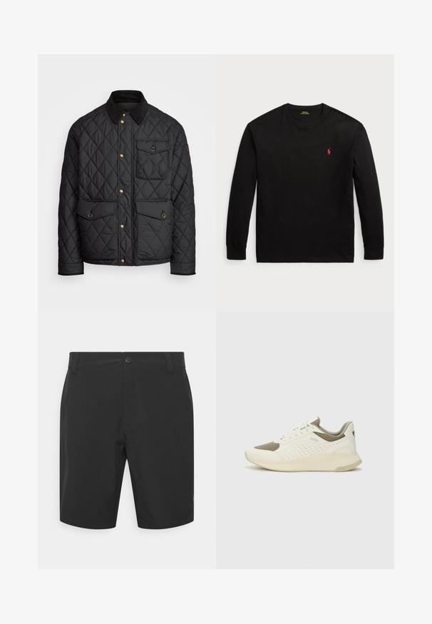 Juodas margintas paltas su kanapių apykakle, auksiniais spaudžiamais mygtukais, dviem priekinių didelėms kišenėms ir kišene kairėje pusėje, su logotipo etikete.; Juodas ilgomis rankovėmis t-shirt, pagamintas iš medvilnės. Turi apvalų kaklą, suglebusius rankogalius ir mažą raudoną siuvinėtą logotipą ant krūtinės. Lygi tekstūra.; Juodi šortai, pagaminti iš lengvos medžiagos, su mygtuko uždarymu, lygiai priekyje ir šoninėmis kišenėmis. Lygus paviršius ir ilgis virš kelių.; Baltas ir šviesiai bežinis sportinis kedas, su tinklo viršumi, perforuotais detalėmis ir tekstūruotu tarpine su logotipu ant kulno.