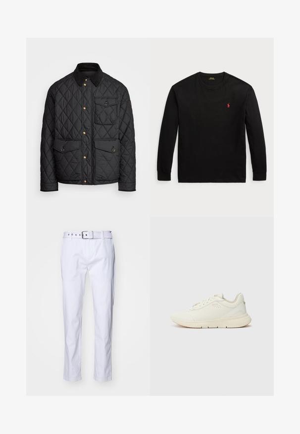 Black quilted jacket with a corduroy collar, gold snap buttons, two front pockets, and a pocket on the left side, featuring a logo patch.; Black long-sleeve t-shirt made of cotton. Features a crew neck, ribbed cuffs, and a small red embroidered logo on the chest. Smooth texture.; White cotton pants with a straight cut, featuring a textured fabric, belt loops, and a matching belt with silver hardware.; White athletic shoes with a mesh and synthetic upper, textured accents, lace-up closure, and a flexible rubber sole.