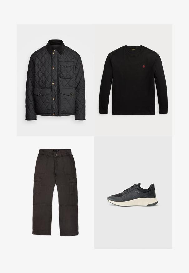 Casaco acolchoado preto com colarinho de veludo cotelê, botões de pressão dourados, dois bolsos frontais e um bolso no lado esquerdo, apresentando um patch de logotipo.; Camisola de manga longa preta feita de algodão. Apresenta um colarinho redondo, punhos canelados e um pequeno logo bordado vermelho no peito. Textura suave.; Calças cargo em tecido cinza escuro com múltiplos bolsos, fecho frontal com botão e detalhes cosidos ao longo das costuras. Frente plana e ajuste relaxado.; Sapatilha atlética preta com parte superior em malha com perfurações, uma entressola texturizada em creme e uma sola de borracha para tração.