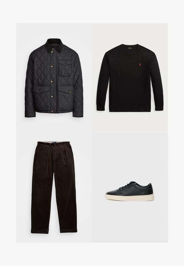 Veste noire matelassée avec un col en velours côtelé, des boutons-pression dorés, deux poches avant et une poche sur le côté gauche, avec un patch logo.; T-shirt noir à manches longues en coton. Il possède un col rond, des poignets côtelés et un petit logo rouge brodé sur la poitrine. Texture lisse.; Pantalons en velours côtelé marron foncé avec une coupe décontractée, présentant des plis à l'avant et des ourlets retroussés à l'hem. Texture lisse et conception robuste.; Baskets en cuir noires à tiges basses avec lacets noirs et semelle ivoire, présentées en profil latéral sur fond blanc.
