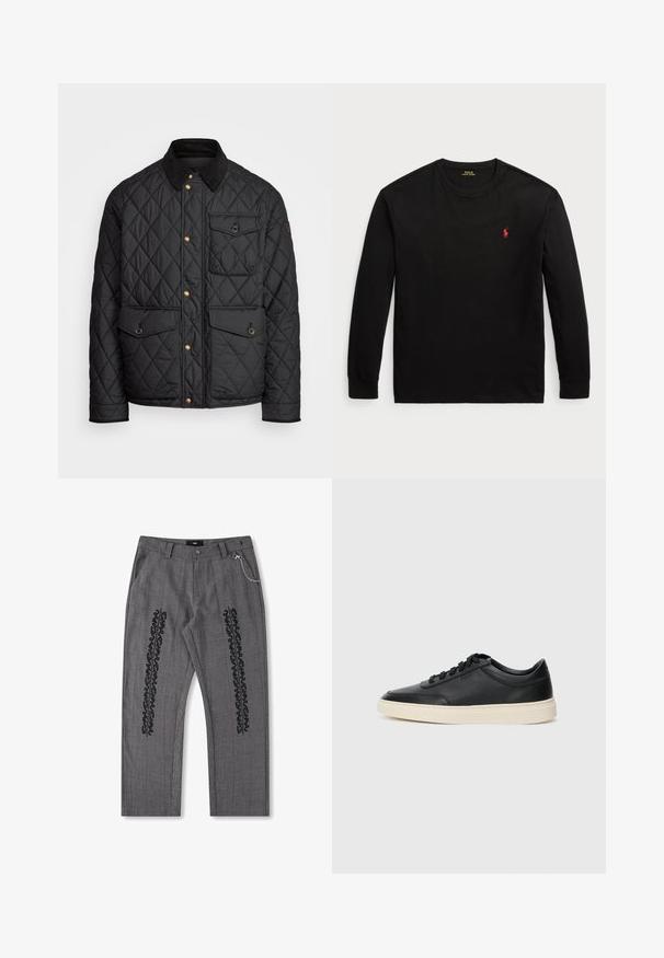 Czarna pikowana kurtka z kołnierzem z sztruksu, złotymi zatrzaskami, dwoma przednimi kieszeniami oraz kieszenią po lewej stronie, z naszywką z logo.; Czarny t-shirt z długim rękawem wykonany z bawełny. Posiada okrągły dekolt, ściągacze przy mankietach oraz małe czerwone haftowane logo na piersi. Gładka tekstura.; Szare spodnie w kratę z czarnymi detalami tekstowymi po bokach, z łańcuszkowym akcentem na pasku. Prosta nogawka, teksturowana tkanina.; Czarne niskie skórzane sneakersy z czarnymi sznurówkami i off-white podeszwą, prezentowane w profilu bocznym na białym tle.