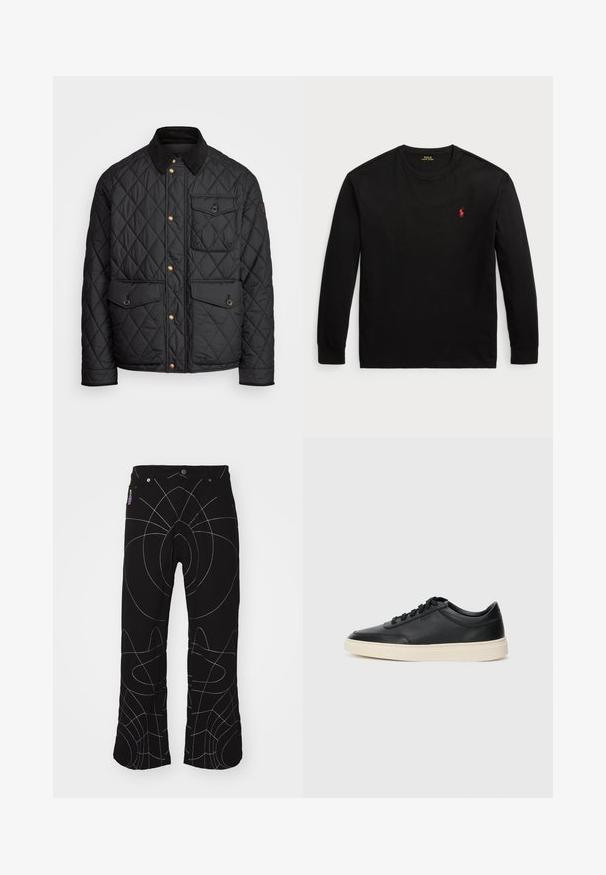 Schwarze gesteppte Jacke mit einem Cordkragen, goldenen Druckknöpfen, zwei Fronttaschen und einer Tasche auf der linken Seite, die ein Logopatch aufweist.; Schwarzes Langarm-T-Shirt aus Baumwolle. Verfügt über einen Rundhals, gerippte Bündchen und ein kleines rotes gesticktes Logo auf der Brust. Glatte Textur.; Schwarze Hose mit weißen abstrakten Nähten. Merkmale sind standardmäßige Taschen, Knopfverschluss und ein gerades Bein-Design. Strukturierter Stoff.; Schwarzer niedriger Ledersneaker mit schwarzen Schnürsenkeln und cremefarbenem Sohlenrand, seitlich auf weißem Hintergrund dargestellt.