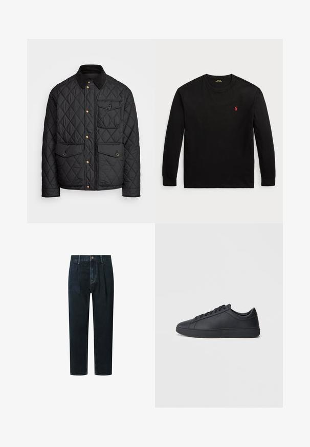 Juodas margintas paltas su kanapių apykakle, auksiniais spaudžiamais mygtukais, dviem priekinių didelėms kišenėms ir kišene kairėje pusėje, su logotipo etikete.; Juodas ilgomis rankovėmis t-shirt, pagamintas iš medvilnės. Turi apvalų kaklą, suglebusius rankogalius ir mažą raudoną siuvinėtą logotipą ant krūtinės. Lygi tekstūra.; Tamsiai džinsiniai kelnės su laisvu siluetu, turinčios aukštą liemeni, klostes, priekinį mygtuko užsegimą ir auksinę kontrastingą siūlę.; Juodi sportbačiai, pagaminti iš lygaus odos, su žemu dizainu, apvalia nosimi ir plokščiu guminiu padu. Yra raišteliai ir subtilus ženklinimas.