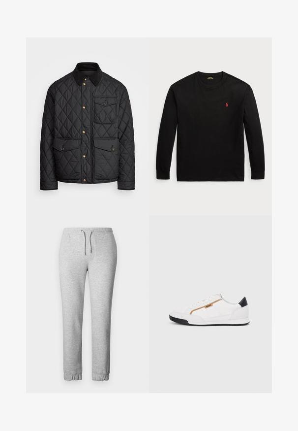 Sort quiltet jakke med en corduroy krave, guld trykknapper, to frontlommer og en lomme på venstre side, udstyret med et logo patch.; Sort langærmet t-shirt lavet af bomuld. Har en rund halsudskæring, ribbede manchetter og et lille rødt broderet logo på brystet. Glat tekstur.; Grå joggers lavet af blødt stof, med elastisk talje med snor, elastiske manchetter og en glat overflade.; Hvide atletiske sko med mesh og læderdetaljer. Har et gyldent "BOSS" logo, teksturerede sidepaneler og en sort hælkappe. Gummisål.
