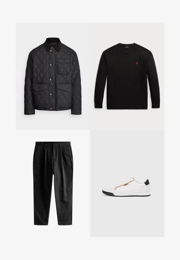 Chaqueta negra acolchada con cuello de pana, botones de presión dorados, dos bolsillos frontales y un bolsillo en el lado izquierdo, con un parche de logo.; Camiseta negra de manga larga hecha de algodón. Presenta un cuello redondo, puños acanalados y un pequeño logotipo bordado en rojo en el pecho. Textura suave.; Pantalones negros de tejido suave, con un corte ajustado, pliegues en la parte frontal y una cintura clásica con trabillas para cinturón.; Zapatillas deportivas blancas con acentos de malla y cuero. Presentan un logotipo dorado de "BOSS", paneles laterales texturizados y una tapa de talón negra. Suela de goma.
