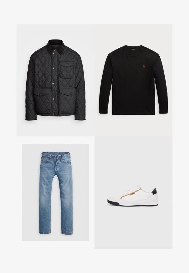 Zwarte gewatteerde jas met een corduroy kraag, gouden drukknoopsluitingen, twee voorzakken en een zak aan de linkerkant, voorzien van een logo patch.; Zwarte longsleeve t-shirt van katoen. Heeft een ronde hals, ribgebreide manchetten en een klein rood geborduurd logo op de borst. Vlotte textuur.; Lichtblauwe denim jeans met een recht gesneden ontwerp, vijf zakken en een knoopsluiting. Voorzien van subtiele vervaging en stikselaccenten.; Witte sportieve schoenen met gaas- en lederen accenten. Voorzien van een gouden "BOSS" logo, gestructureerde zijpanelen en een zwarte hakkap. Rubberen zool.