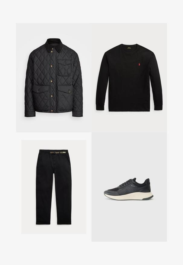 Svart quiltad jacka med en kordflöjelskrage, gyllene tryckknappar, två framfickor och en ficka på vänster sida, försedd med en logotypapplikation.; Svart långärmad t-shirt i bomull. Har en crew-neck, ribbade ärmslut och en liten röd broderad logotyp på bröstet. Slät yta.; Svarta byxor tillverkade av lättviktigt tyg, med en elastisk midja och ett integrerat grönt bälte, rakt ben och sidofickor.; Svart atletisk sneakers med ovandel i mesh och perforeringar, en texturerad mellansula i krämfärg och en gummisula för bra grepp.