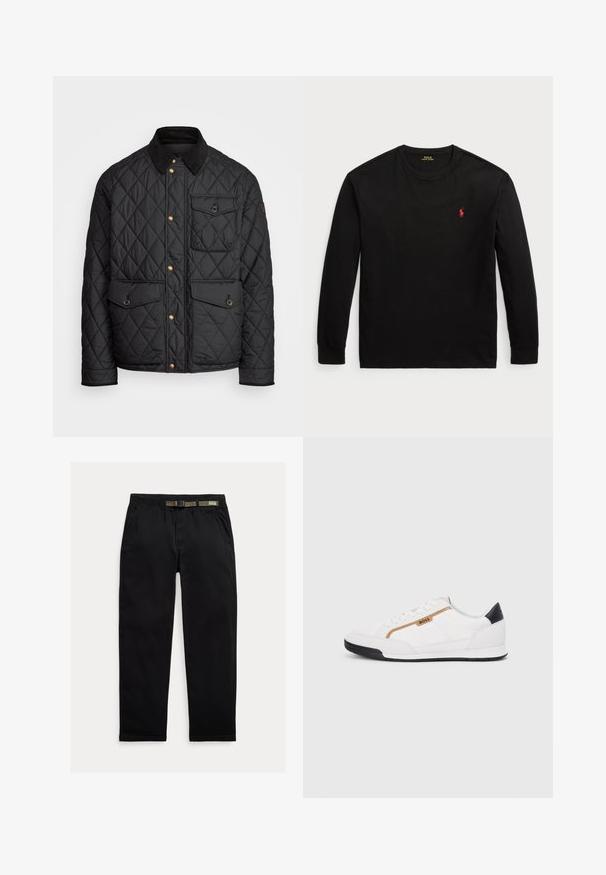 Czarna pikowana kurtka z kołnierzem z sztruksu, złotymi zatrzaskami, dwoma przednimi kieszeniami oraz kieszenią po lewej stronie, z naszywką z logo.; Czarny t-shirt z długim rękawem wykonany z bawełny. Posiada okrągły dekolt, ściągacze przy mankietach oraz małe czerwone haftowane logo na piersi. Gładka tekstura.; Czarne spodnie wykonane z lekkiego materiału, z elastycznym paskiem wbudowanym w zielony pas, prostą nogawką oraz bocznymi kieszeniami.; Białe buty sportowe z siateczkowymi i skórzanymi akcentami. Posiadają złote logo "BOSS", teksturowane boczne panele i czapkę pięty w kolorze czarnym. Gumowa podeszwa.