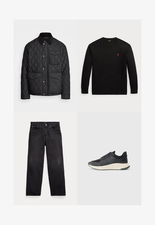 Crni quiltani kaput s ovratnikom od fiksa, zlatnim dugmadi na preklop, dva prednja džepa i džepom s lijeve strane, s logom na zakrpi.; Crna majica dugih rukava od pamuka. Ima okrugli izrez, rebraste manšete i mali crveni izvezeni logo na prsima. Glatka tekstura.; Crne traperice od denima s opuštenim krojem, sa pet džepova, kopčanjem na dugme i suptilnim izbljeđenjem po cijelom materijalu.; Crne atletske tenisice s gornjim dijelom od mrežaste tkanine s perforacijama, teksturiranim srednjim dijelom u krem boji i gumiranim potplatom za prianjanje.