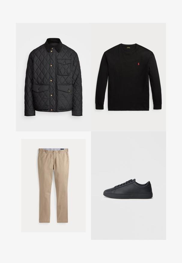 Crni quiltani kaput s ovratnikom od fiksa, zlatnim dugmadi na preklop, dva prednja džepa i džepom s lijeve strane, s logom na zakrpi.; Crna majica dugih rukava od pamuka. Ima okrugli izrez, rebraste manšete i mali crveni izvezeni logo na prsima. Glatka tekstura.; Kaki chino hlače s ravnim nogavicama, izrađene od pamučne tkanine. Sadrže sigurnu prednju kopču na dugme i petlje za remen.; Crne tenisice od glatke kože s niskim dizajnom, okruglim vrhom i ravnim gumenim đonom. Imaju vezice i suptilno brendiranje.