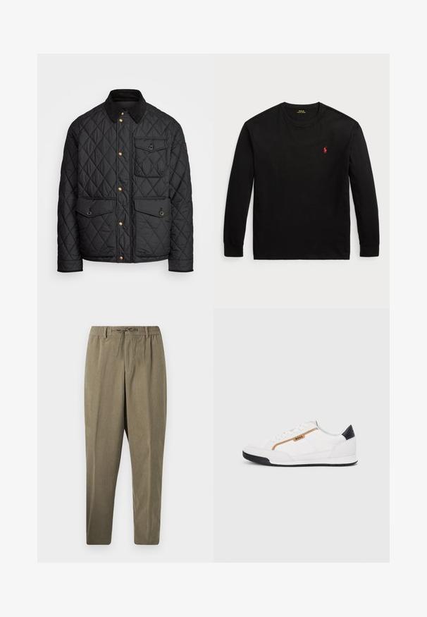 Μαύρο πλισέ μπουφάν με κόκκινο γιακά, χρυσά κουμπιά, δύο μπροστινές τσέπες και μια τσέπη στην αριστερή πλευρά, με λάδι λογότυπου.; Μαύρο μπλουζάκι με μακριά μανίκια από βαμβάκι. Διαθέτει στρογγυλή λαιμόκοψη, ριγωτές μανσέτες και ένα μικρό κόκκινο κεντητό λογότυπο στο στήθος. Λείο υφή.; Ταχέως καφέ κορδούρα παντελόνια με ελαστική μέση, θηλιές ζώνης και κορδόνι, ίσια γραμμή μπροστά σε λευκό φόντο.; Λευκά αθλητικά παπούτσια με λεπτομέρειες από διχτυωτό και δερμάτινο υλικό. Διαθέτουν χρυσό λογότυπο "BOSS", υφασμάτινες πλευρές με υφή και μαύρη κάλυψη στη φτέρνα. Ελαστική σόλα.