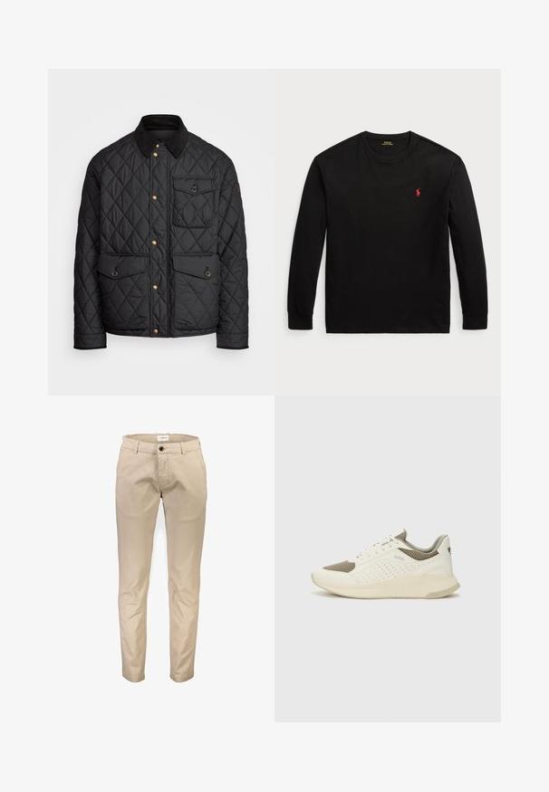 Casaco acolchoado preto com colarinho de veludo cotelê, botões de pressão dourados, dois bolsos frontais e um bolso no lado esquerdo, apresentando um patch de logotipo.; Camisola de manga longa preta feita de algodão. Apresenta um colarinho redondo, punhos canelados e um pequeno logo bordado vermelho no peito. Textura suave.; Calças de algodão bege com corte de perna reta, apresentando bolsos frontais, fecho de correr e um botão único. Textura lisa, sem padrões.; Sapatilha atlética branca e bege claro, com parte superior em malha, detalhes perfurados e uma entressola texturizada com marcação no calcanhar.