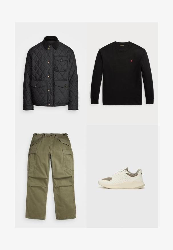 Svart quiltad jacka med en kordflöjelskrage, gyllene tryckknappar, två framfickor och en ficka på vänster sida, försedd med en logotypapplikation.; Svart långärmad t-shirt i bomull. Har en crew-neck, ribbade ärmslut och en liten röd broderad logotyp på bröstet. Slät yta.; Olivgröna cargobyxor i texturerat tyg, med flera fram- och sidofickor samt förstärkta sömmar.; Vit och ljusbeige atletisk sneaker med ett meshöverdrag, perforerade detaljer och en texturerad mellansula med varumärke på hälen.