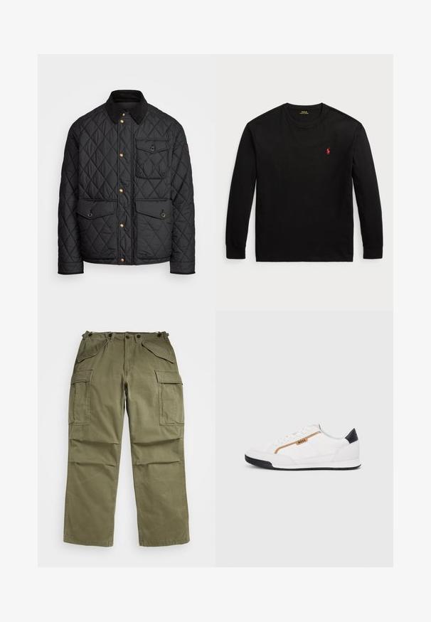 Casaco acolchoado preto com colarinho de veludo cotelê, botões de pressão dourados, dois bolsos frontais e um bolso no lado esquerdo, apresentando um patch de logotipo.; Camisola de manga longa preta feita de algodão. Apresenta um colarinho redondo, punhos canelados e um pequeno logo bordado vermelho no peito. Textura suave.; Calças cargo verde-oliva feitas de tecido texturizado, com múltiplos bolsos frontais e laterais e costuras reforçadas nas costuras.; Tênis atléticos brancos com detalhes em malha e couro. Apresenta um logotipo dourado "BOSS", painéis laterais texturizados e um capô de calcanhar preto. Sola em borracha.