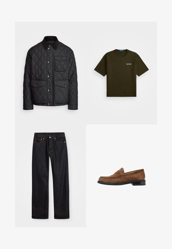 Črna prešita jakna s čimprijem ovratnikom, zlatimi gumbki, dvema sprednjima žepoma in enim žepom na levi strani, ki vsebuje žepno nalepko.; Temno olivno zelena kratka majica s kratkimi rokavi, okroglim izrezom in majhnim belim logotipom "Polo Sport Ralph Lauren" na levi strani prsnega dela.; Moške črne kavbojke ravnega kroja z petimi žepi in oranžnim šivanjem, z gumbom in zadrgo na sprednjem pasu.; Rjavi nubuk loafer z zaobljenim nosom, z dekorativnim šivanjem na zgornjem delu in črnim gumijastim podplatom. Minimalni pozlačeni detajli.
