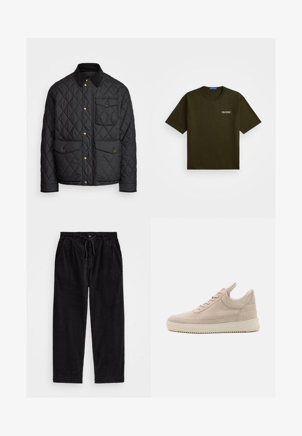 Fekete steppelt dzseki corduroy gallérral, arany snap gombokkal, két elülső zsebbel és egy bal oldali zsebbel, logó jelvénnyel.; Sötét olajzöld, rövid ujjú póló kerek nyakkal és egy kis fehér "Polo Sport Ralph Lauren" logóval a bal mellen.; Fekete kordbársonyfelső nadrág laza szabással, rugalmas derékpánttal és húzózsinórral, valamint oldalsó zsebekkel. Az anyag bordás textúrájú.; Beige velúr sneaker, lekerekített orral, fehér talppal és sima fűzőkkel. Hátsó kihúzófüllel és texturált oldalsó panelekkel rendelkezik.