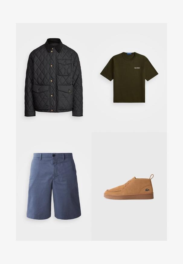 Musta tikattu takki, jossa on samettikaulus, kultaiset napit, kaksi etutaskua ja tasku vasemmalla puolella, jossa on logopatch.; Tummanoliivinvihreä lyhythihainen t-paita pyöreällä kauluksella ja pieni valkoinen "Polo Sport Ralph Lauren" -logo vasemmassa rinnassa.; Tummansinisiä puuvillashortseja, joissa on tasainen etuosa, yksi nappisuljenta, kaksi sivutaskua ja suora lahkeensuu. Sileä pinta, ilman näkyviä kuvioita.; Bruna suede kengät nilkkamallilla, jossa on kumipohja ja vetotappi, ja sivussa on allekirjoituskrokotiililogot.