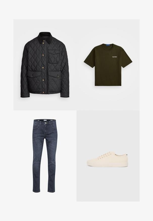 Črna prešita jakna s čimprijem ovratnikom, zlatimi gumbki, dvema sprednjima žepoma in enim žepom na levi strani, ki vsebuje žepno nalepko.; Temno olivno zelena kratka majica s kratkimi rokavi, okroglim izrezom in majhnim belim logotipom "Polo Sport Ralph Lauren" na levi strani prsnega dela.; Temno modri kavbojke z ožjim krojem, ki imajo pet žepov, svetle potke in klasično zadrgo z gumbom.; Bež platneni športni copati z okroglo konico, ravnim gumijastim podplatom in vezalkami spredaj. Imajo minimalističen dizajn in kontrastni črn akcent na peti.