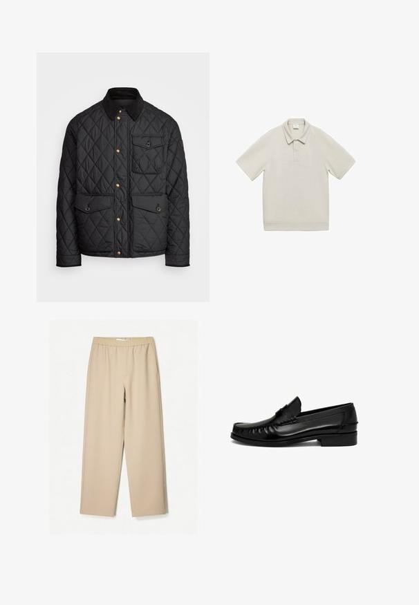 Zwarte gewatteerde jas met een corduroy kraag, gouden drukknoopsluitingen, twee voorzakken en een zak aan de linkerkant, voorzien van een logo patch.; Mango Poloshirt - grey; Beige wijde broek met een elastische tailleband, gemaakt van zachte stof, met een gladde textuur en minimale stikdetails.; Derimod Instappers - black