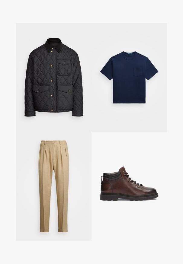 Black quilted jacket with a corduroy collar, gold snap buttons, two front pockets, and a pocket on the left side, featuring a logo patch.; Navy blue cotton t-shirt with a crew neckline, short sleeves, and a left chest pocket. Smooth texture with a classic fit.; Beige linen trousers with a straight cut, featuring two front pleats, a button closure, and side pockets. Textured fabric with a smooth finish.; Brown leather hiking boots with a textured finish, silver eyelets, and a black ankle collar. Rubber sole with a sturdy tread pattern.