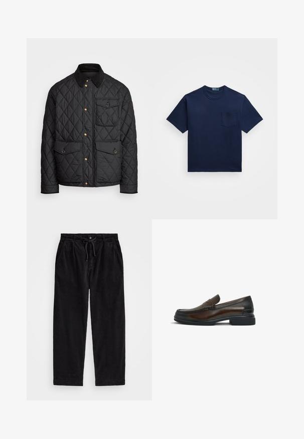 Giacca nera trapuntata con colletto in corduroy, bottoni a pressione dorati, due tasche frontali e una tasca sul lato sinistro, con un patch del logo.; T-shirt in cotone blu navy con scollatura a girocollo, maniche corte e taschino a sinistra. Tessuto liscio con una vestibilità classica.; Pantaloni in velluto a coste neri con una vestibilità rilassata, dotati di una vita elasticizzata con cordoncino e tasche laterali. Il tessuto presenta una texture a coste.; Mocassino in pelle marrone con punta arrotondata, cuciture decorative sulla tomaia, una texture liscia e una suola in gomma nera a contrasto.
