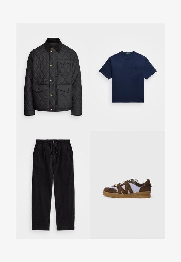 Casaco acolchoado preto com colarinho de veludo cotelê, botões de pressão dourados, dois bolsos frontais e um bolso no lado esquerdo, apresentando um patch de logotipo.; T-shirt de algodão azul-marinho com decote redondo, mangas curtas e um bolso no peito esquerdo. Textura suave com um ajuste clássico.; Calças de veludo cotelê pretas com um ajuste relaxado, apresentando uma cintura elástica com cordão e bolsos laterais. O tecido apresenta uma textura canalizada.; Ténis com parte superior em camurça castanha, painéis em malha bege e sola em borracha de goma. Design distintivo em zigzag nas laterais. Fecho com atacadores.