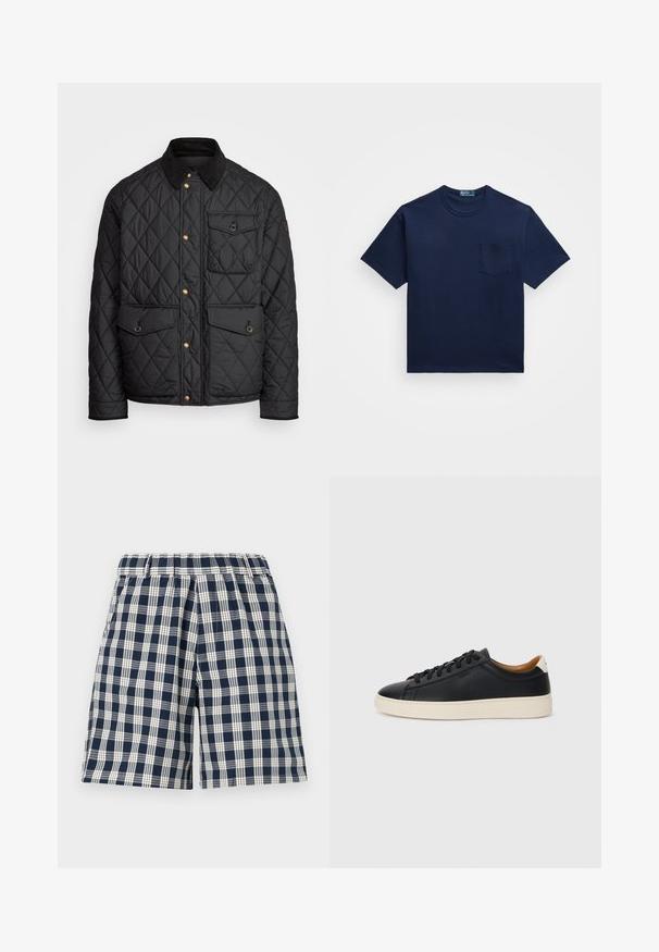 Black quilted jacket with a corduroy collar, gold snap buttons, two front pockets, and a pocket on the left side, featuring a logo patch.; Navy blue cotton t-shirt with a crew neckline, short sleeves, and a left chest pocket. Smooth texture with a classic fit.; Navy and white plaid shorts with an elastic waistband. Features a loose fit and straight cut. Made of textile fabric, suitable for casual wear.; Black leather sneakers with a smooth texture, beige rubber sole, lace-up design, and a contrasting heel accent.