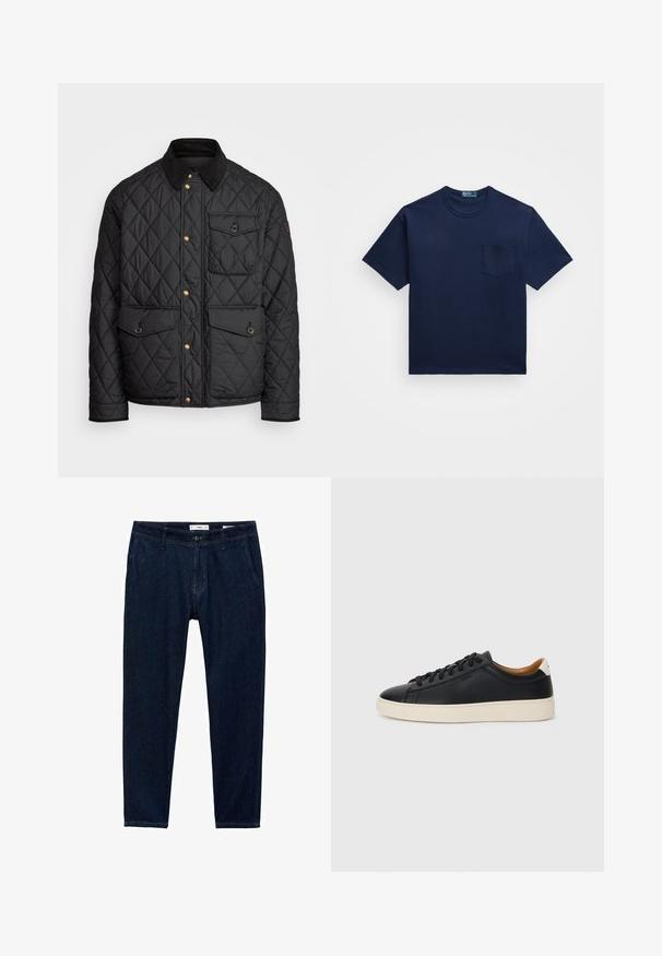 Giacca nera trapuntata con colletto in corduroy, bottoni a pressione dorati, due tasche frontali e una tasca sul lato sinistro, con un patch del logo.; T-shirt in cotone blu navy con scollatura a girocollo, maniche corte e taschino a sinistra. Tessuto liscio con una vestibilità classica.; Pantaloni in denim blu scuro con vestibilità dritta. Le caratteristiche includono cinque tasche, passanti per cintura e chiusura a zip con bottone.; Sneakers in pelle nera con una texture liscia, suola in gomma beige, design con lacci e un accento del tacco in contrasto.