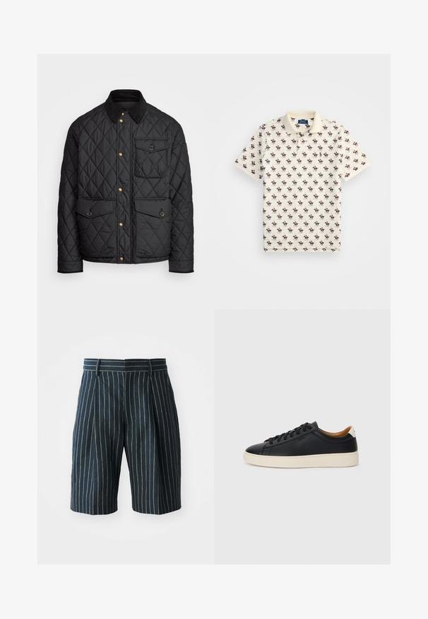 Must mustriga jakk, millel on sametkaelus, kuldsed nööbid, kaks eesmist taskut ja tasku vasakul küljel, millel on logotäht.; Beige puuvillane polo särk, millel on korduv muster väikestest, värvilistest ratsanikest. Klassikaline krae ja lühikesed varrukad.; Sinised triibulised lühikesed püksid sirge lõikega, millel on vöökoht ja voldid, valmistatud tekstuurist kangast. Ei ole nähtavaid taskuid ega vara.; Mustad nahast tennised sujuva pindadega, beež kummist tallaga, paelaga kinnitamine ja kontrastse kanna aktsendiga.