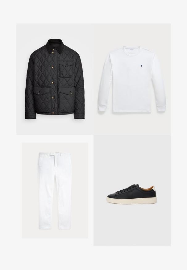 Μαύρο πλισέ μπουφάν με κόκκινο γιακά, χρυσά κουμπιά, δύο μπροστινές τσέπες και μια τσέπη στην αριστερή πλευρά, με λάδι λογότυπου.; Λευκό T-shirt με μακριά μανίκια, φτιαγμένο από βαμβάκι, με στρογγυλή λαιμόκοψη και μικρό ναυτικό λογότυπο στην αριστερή πλευρά του στήθους. Λειές υφή, απλός σχεδιασμός.; Polo Ralph Lauren FLAT PANT - Παντελόνι - white; Μαύρα δερμάτινα παπούτσια αθλητικά με λεία υφή, μπεζ καουτσούκ σόλα, σχέδιο με κορδόνια και αντίθεση στη φτέρνα.