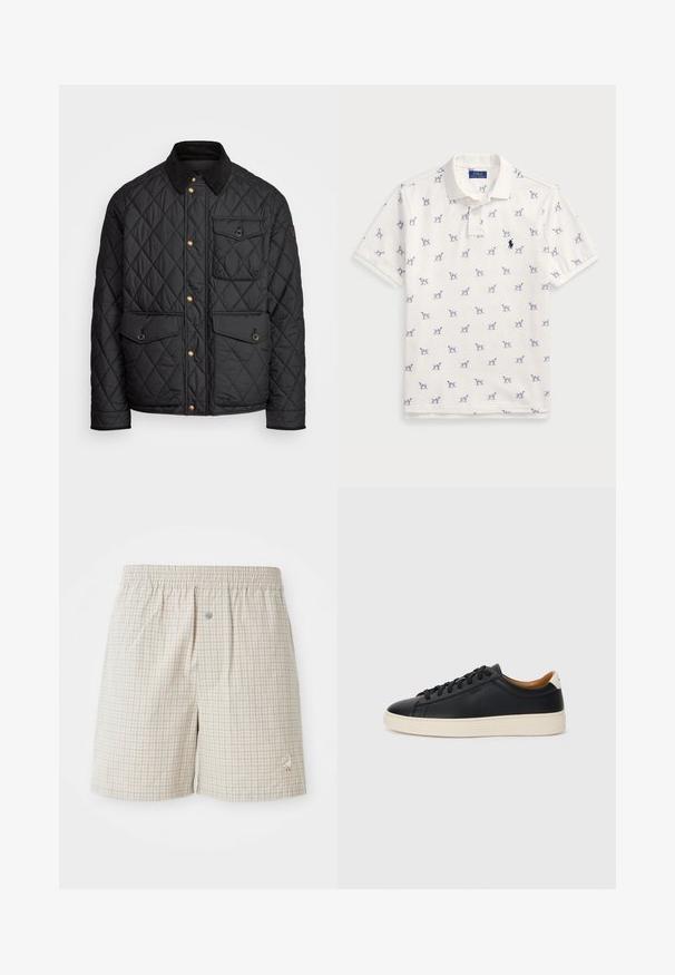 Črna prešita jakna s čimprijem ovratnikom, zlatimi gumbki, dvema sprednjima žepoma in enim žepom na levi strani, ki vsebuje žepno nalepko.; Bela polo majica iz bombaža, ki vsebuje ponovljen modri vzorec psov in majhen modri logotip na prsih. Kratki rokavi in ovratnik.; Svetlo bež karirane hlače s prijetnom teksturo, elastičnim pasom in dekorativno izvezeno belo gosko blizu roba.; Črne usnjene superge z gladko teksturo, bež gumijastim podplatom, zavezovalnim dizajnom in kontrastnim nagibom na peti.