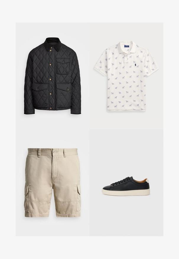 Casaco acolchoado preto com colarinho de veludo cotelê, botões de pressão dourados, dois bolsos frontais e um bolso no lado esquerdo, apresentando um patch de logotipo.; Camisola polo branca feita de algodão, com um padrão repetido de cães azuis e um pequeno logotipo azul no peito. Mangas curtas e colarinho.; Calções cargo bege em algodão, com múltiplos bolsos, fecho de botão e costuras decorativas ao longo da cintura e das costuras.; Tenis de couro preto com uma textura suave, sola de borracha bege, design de atar e um destaque no calcanhar em contraste.