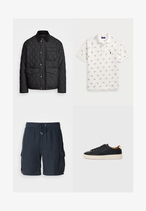 Sort quiltet jakke med en corduroy krave, guld trykknapper, to frontlommer og en lomme på venstre side, udstyret med et logo patch.; Hvid polo-shirt lavet af bomuld, med et gentaget blåt hundemønster og et lille blåt logo på brystet. Korte ærmer og krave.; Herre mørkeblå cargo shorts, lavet af letvægtsstof, med elastisk talje og snorelukning samt to sidelommer.; Sorte lædersneakers med en glat overflade, beige gummisål, snørebåndsdesign og en kontrastfarvet hæl.