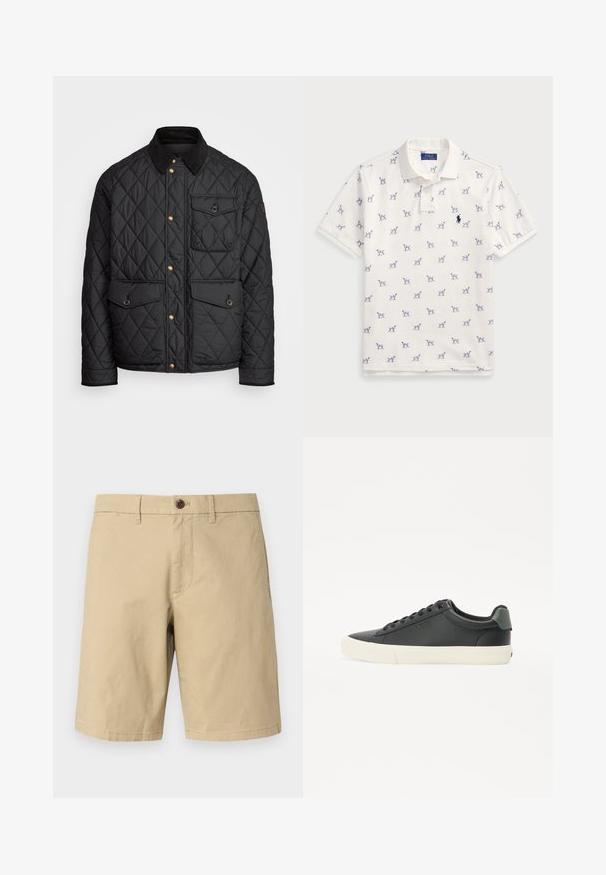 Chaqueta negra acolchada con cuello de pana, botones de presión dorados, dos bolsillos frontales y un bolsillo en el lado izquierdo, con un parche de logo.; Camisa polo blanca de algodón, con un patrón repetido de perros azules y un pequeño logo azul en el pecho. Mangas cortas y color.; GAP VINTAGE - Shorts - khaki; Zapatilla negra de cuero con acabado texturizado, suela de goma blanca, puntera redonda y detalle verde en el talón. Diseño de cordones con seis ojales.