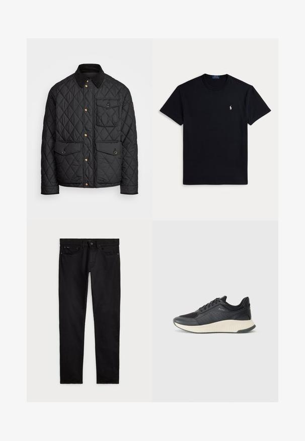 Černá prošívaná bunda s kordovým límcem, zlatými patentkami, dvěma předními kapsami a jednou kapsou na levé straně, která obsahuje nášivku s logem.; Černé bavlněné tričko s kulatým výstřihem, krátkými rukávy a malým vyšívaným logem na levé straně hrudi. Hladká textura.; Černé džíny z denimu, s klasickým pětipocket designem, zapínáním na knoflík a rovný střih nohavic se hladkým a rovnoměrným povrchem.; Černá sportovní teniska s mřížkovou svrchní částí s perforacemi, texturovanou mezipodešví v krémové barvě a gumovou podešví pro lepší trakci.