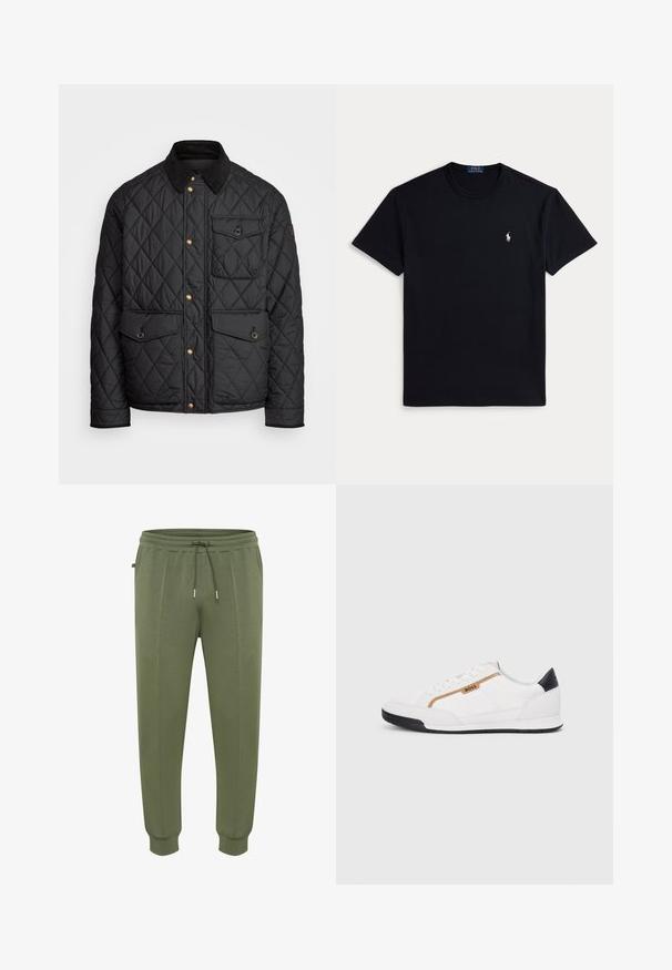 Svart quiltad jacka med en kordflöjelskrage, gyllene tryckknappar, två framfickor och en ficka på vänster sida, försedd med en logotypapplikation.; Svart bomulls-T-shirt med rund halsringning, korta ärmar och en liten broderad logga på vänster bröst. Mjuk textur.; Joggers i olivgrönt tillverkade av mjukt tyg, med dragsko i midjan, sidofickor och ribbade muddar för en åtsittande passform.; Vita sportskor i vitt med inslag av nät och läder. Har en gyllene "BOSS"-logotyp, texturerade sidopaneler och en svart hälkap. Gummisula.