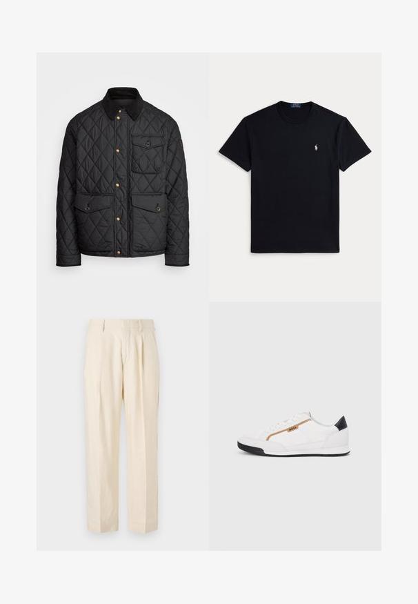 Svart quiltad jacka med en kordflöjelskrage, gyllene tryckknappar, två framfickor och en ficka på vänster sida, försedd med en logotypapplikation.; Svart bomulls-T-shirt med rund halsringning, korta ärmar och en liten broderad logga på vänster bröst. Mjuk textur.; NN.07 KAY - Tygbyxor - off white; Vita sportskor i vitt med inslag av nät och läder. Har en gyllene "BOSS"-logotyp, texturerade sidopaneler och en svart hälkap. Gummisula.