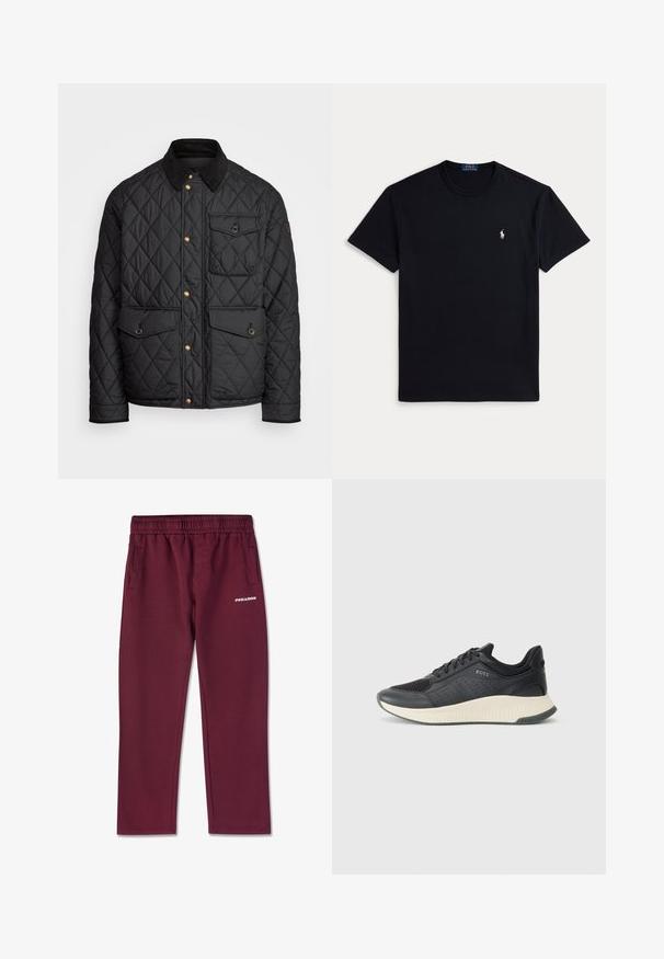 Casaco acolchoado preto com colarinho de veludo cotelê, botões de pressão dourados, dois bolsos frontais e um bolso no lado esquerdo, apresentando um patch de logotipo.; Camiseta preta de algodão com decote redondo, mangas curtas e pequeno logótipo bordado no lado esquerdo do peito. Textura suave.; Calças de moletão bordô feitas de um tecido macio, com um cós elástico, dois bolsos laterais e um logo branco da PEGAEXPOR na frente.; Sapatilha atlética preta com parte superior em malha com perfurações, uma entressola texturizada em creme e uma sola de borracha para tração.