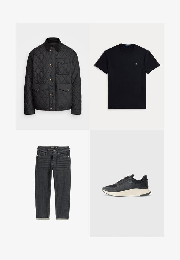 Crni quiltani kaput s ovratnikom od fiksa, zlatnim dugmadi na preklop, dva prednja džepa i džepom s lijeve strane, s logom na zakrpi.; Crna pamučna majica s okruglim izrezom, kratkim rukavima i malim izvezenim logotipom na lijevoj strani prsa. Glatka tekstura.; Tamno plave traperice s ravnim nogavicama, svijetlim šavovima, pet džepova i rukavima podignutim na gležnjevima. Teksturirana tkanina.; Crne atletske tenisice s gornjim dijelom od mrežaste tkanine s perforacijama, teksturiranim srednjim dijelom u krem boji i gumiranim potplatom za prianjanje.