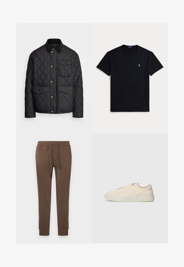 Czarna pikowana kurtka z kołnierzem z sztruksu, złotymi zatrzaskami, dwoma przednimi kieszeniami oraz kieszenią po lewej stronie, z naszywką z logo.; Czarny bawełniany t-shirt z okrągłym dekoltem, krótkimi rękawami i małym haftowanym logo na lewej piersi. Gładka faktura.; Brązowe spodnie dresowe z miękkiego, elastycznego materiału, z elastycznym pasem, sznurkiem do regulacji i ściągaczami na nogawkach. Małe logo w górnej lewej części.; Beżowe skórzane sneakersy z zaokrąglonym noskiem, minimalistycznym designem, subtelnymi przeszyciami i teksturowaną cholewką, na jasnej podeszwie.