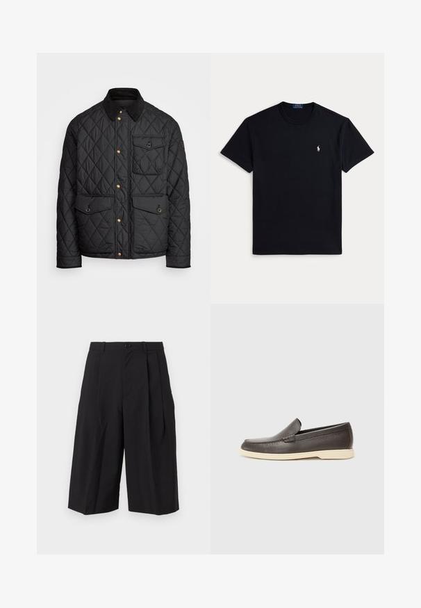 Veste noire matelassée avec un col en velours côtelé, des boutons-pression dorés, deux poches avant et une poche sur le côté gauche, avec un patch logo.; T-shirt en coton noir avec un col rond, des manches courtes et un petit logo brodé sur la poitrine gauche. Texture lisse.; Shorts plissés noirs en tissu au toucher lisse, avec une fermeture à bouton à l'avant et des jambes larges et amples.; Chaussures à enfiler en cuir marron avec une surface texturée et une semelle beige clair contrastante, présentant un bout arrondi et de minimalistes détails de couture.