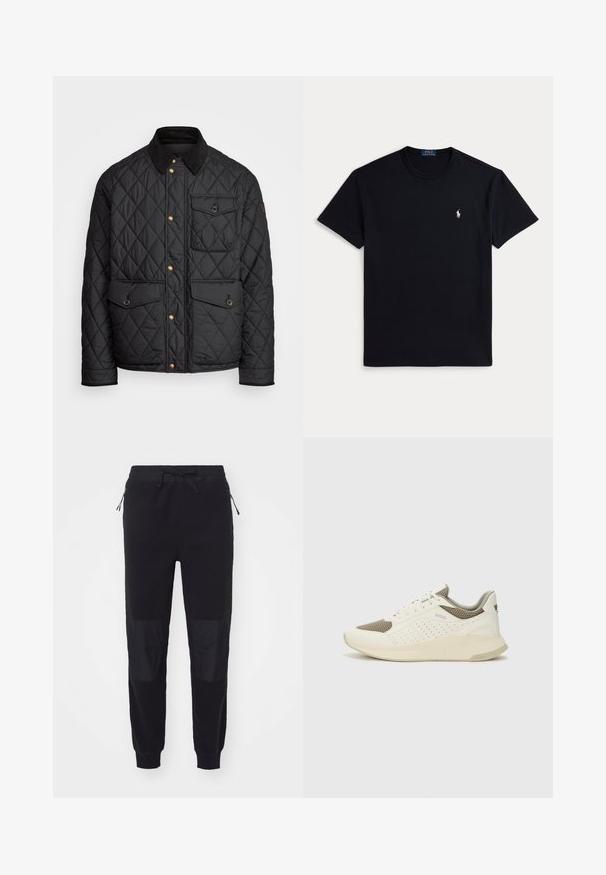 Juodas margintas paltas su kanapių apykakle, auksiniais spaudžiamais mygtukais, dviem priekinių didelėms kišenėms ir kišene kairėje pusėje, su logotipo etikete.; Juoda medvilninė marškinėliai su apvalia kaklelio linija, trumpomis rankovėmis ir mažu siuvinėtu logotipu kairėje krūtinės pusėje. Lygios tekstūros.; Juodos sportinės kelnės su elastinga juosmens juosta, raišteliu, šoninėmis užtrauktuko kišenėmis ir tekstūruotais audinio intarpais ant apatinių kojų.; Baltas ir šviesiai bežinis sportinis kedas, su tinklo viršumi, perforuotais detalėmis ir tekstūruotu tarpine su logotipu ant kulno.