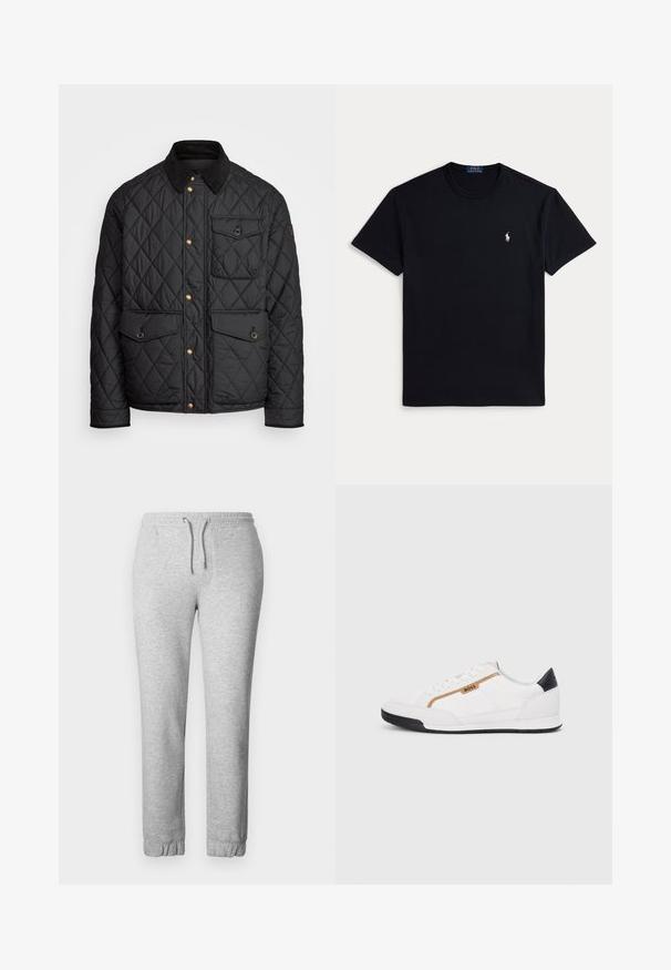 Black quilted jacket with a corduroy collar, gold snap buttons, two front pockets, and a pocket on the left side, featuring a logo patch.; Black cotton t-shirt featuring a crew neckline, short sleeves, and a small embroidered logo on the left chest. Smooth texture.; Gray sweatpants made of soft fabric, featuring an elastic waistband with a drawstring, elastic cuffs, and a smooth texture.; White athletic shoes with mesh and leather accents. Features a gold "BOSS" logo, textured side panels, and a black heel cap. Rubber sole.