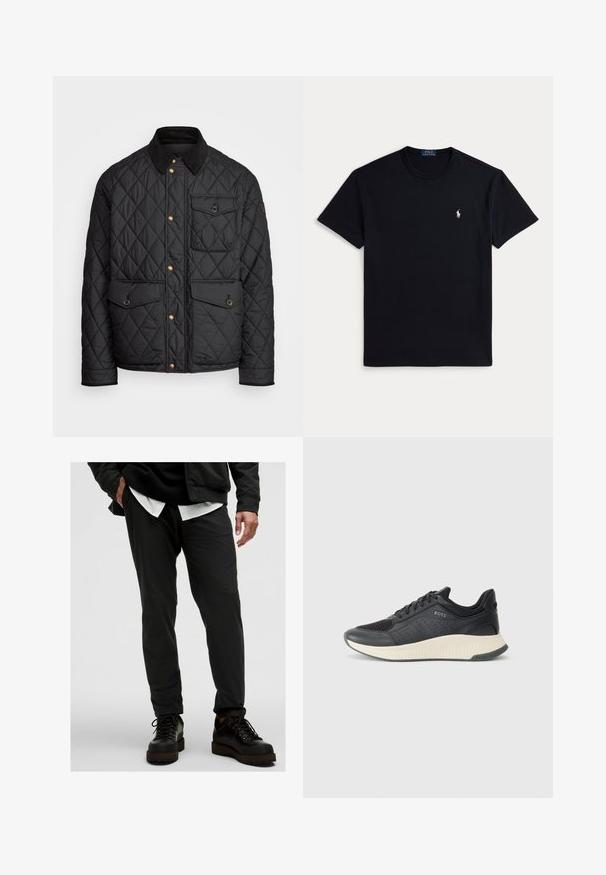 Fekete steppelt dzseki corduroy gallérral, arany snap gombokkal, két elülső zsebbel és egy bal oldali zsebbel, logó jelvénnyel.; Fekete pamut póló környakkal, rövid ujjakkal és egy kis hímzett logóval a bal mellrészen. Simább tapintású anyag.; Fekete, könnyű nadrág sima felülettel, tapered szabású, rugalmas derékkal. Fekete fűzős csizmával párosítva.; Fekete sportcipő, amely hálós felső résszel és perforációkkal rendelkezik, krém színű, texturált középtalppal és gumitalppal a tapadás érdekében.