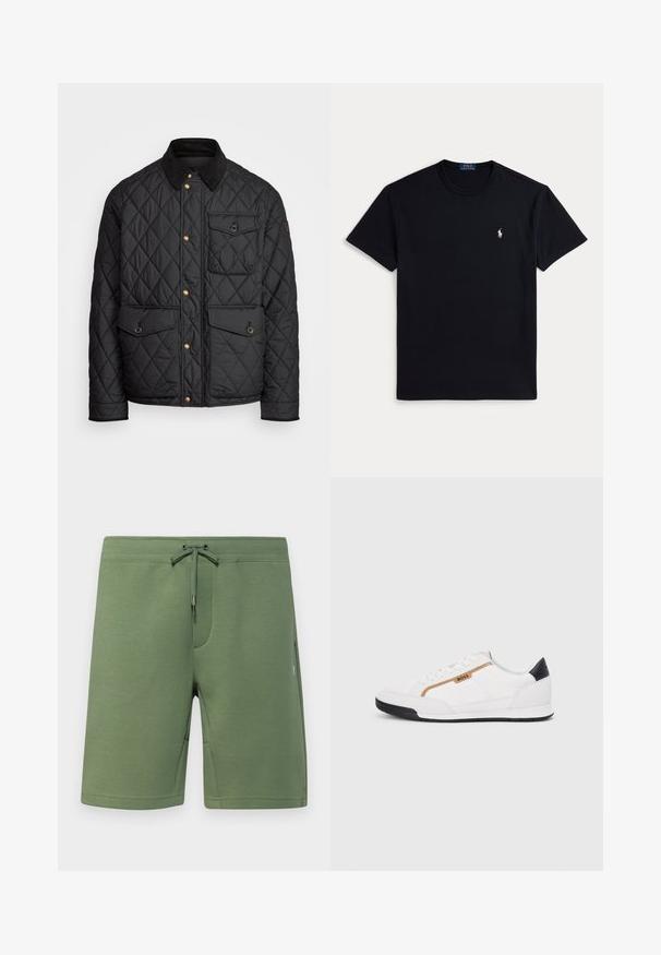 Casaco acolchoado preto com colarinho de veludo cotelê, botões de pressão dourados, dois bolsos frontais e um bolso no lado esquerdo, apresentando um patch de logotipo.; Camiseta preta de algodão com decote redondo, mangas curtas e pequeno logótipo bordado no lado esquerdo do peito. Textura suave.; Polo Ralph Lauren 9-INCH DOUBLE-KNIT SHORT
- Calções - cargo green; Tênis atléticos brancos com detalhes em malha e couro. Apresenta um logotipo dourado "BOSS", painéis laterais texturizados e um capô de calcanhar preto. Sola em borracha.