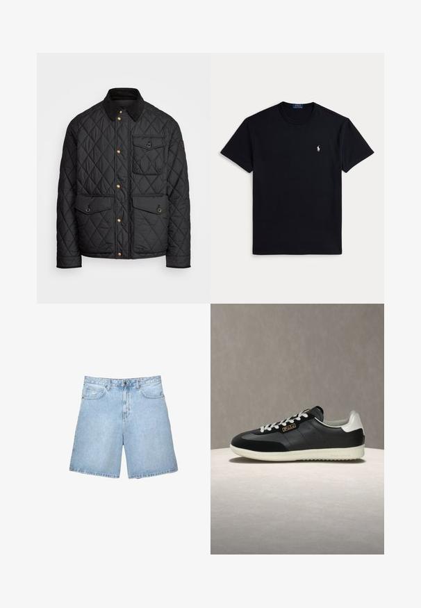 Čierna prešívaná bunda s kordovým golierom, zlatými cvokovými gombíkmi, dvoma prednými vreckami a vreckom na ľavej strane, so záplatou loga.; Čierne bavlnené tričko s okrúhlym výstrihom, krátkymi rukávmi a malým vyšívaným logom na ľavej strane hrudníka. Hladká textúra.; Svetlomodré riflové šortky so voľným strihom, dizajnom s piatimi vreckami a zapínaním na gombík a zips. Obsahujú švy a štandardný pás.; Čierna kožená teniska s bielymi akcentmi, štruktúrovaným zvrškom, okrúhlou špičkou, kovovým logom a gumovou podrážkou. Klasický dizajn so šnurovaním.