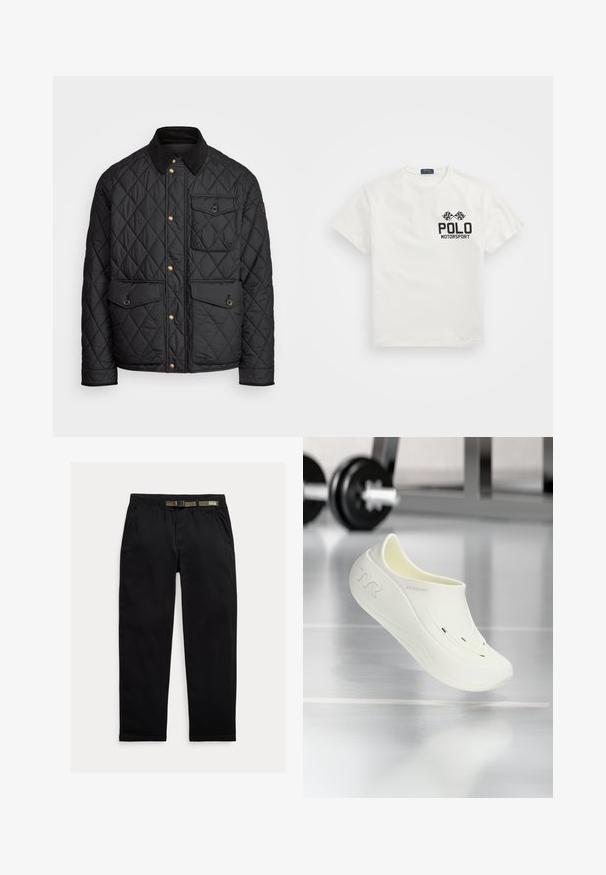 Melnā quiltota jaka ar velveteena apkakli, zeltītām spiedpogas, divām priekšējām kabatām un kabatu kreisajā pusē, ar logotipa uzlīmi.; Balts kokvilnas T-krekls ar apaļu kakla izgriezumu, kas rotāts ar melnu "Polo Motorsport" logotipu un krusteniskām šaha karogi uz kreisā krūts.; Melnas bikses, izgatavotas no viegla auduma, ar elastīgu jostu un integrētu zaļu jostu, taisna piegriezuma un sānu kabatām.; Baltas slip-on apavi ar gludu, teksturētu virsmu, kas aprīkoti ar divām ventilācijas atverēm un izliekta dizaina. Zīmola logo redzams uz sāniem.