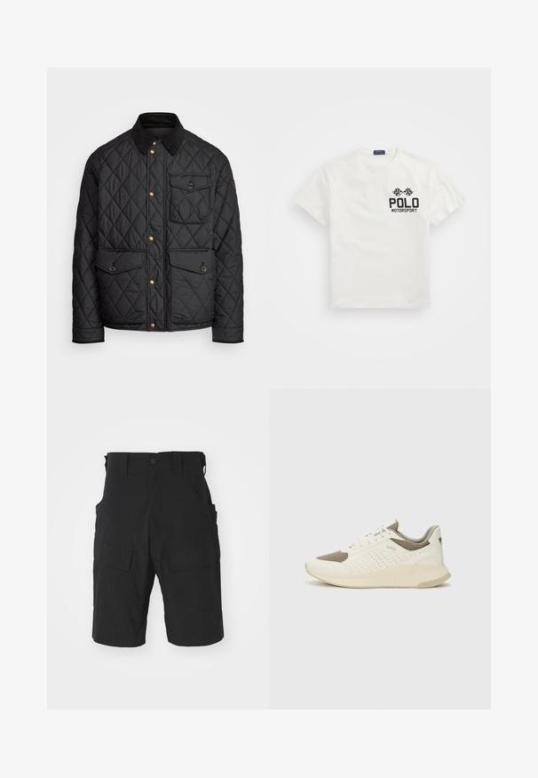 Zwarte gewatteerde jas met een corduroy kraag, gouden drukknoopsluitingen, twee voorzakken en een zak aan de linkerkant, voorzien van een logo patch.; Witte katoenen T-shirt met een ronde hals, voorzien van een zwart "Polo Motorsport" logo en gekruiste geblokte vlaggen op de linkerborst.; Zwarte cargo shorts van lichtgewicht stof met meerdere zakken, een knoopsluiting en een relaxte pasvorm met een knielange snit.; Witte en lichtbeige sport sneaker, met een bovenwerk van mesh, geperforeerde details en een gestructureerde tussenzool met branding op de hiel.