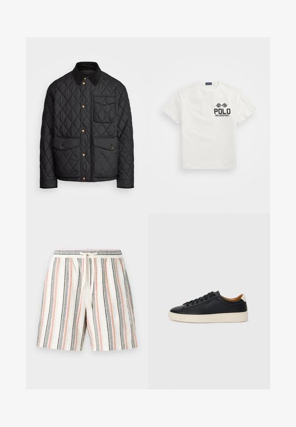 Black quilted jacket with a corduroy collar, gold snap buttons, two front pockets, and a pocket on the left side, featuring a logo patch.; White cotton T-shirt with a round neck, featuring a black "Polo Motorsport" logo and crossed checkered flags on the left chest.; Striped shorts made of lightweight fabric, featuring vertical stripes in white, pink, gray, and black, with an elastic waistband and drawstring.; Black leather sneakers with a smooth texture, beige rubber sole, lace-up design, and a contrasting heel accent.