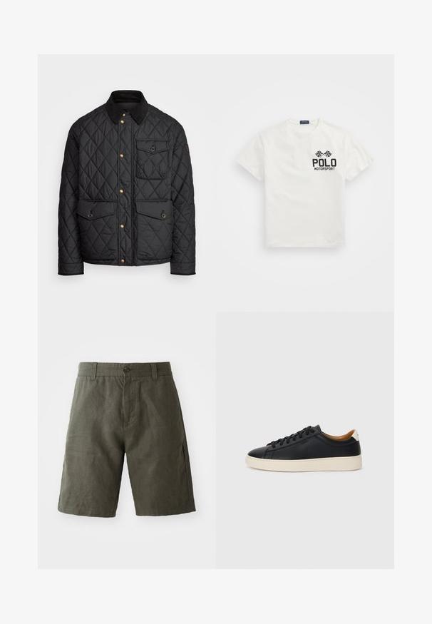 Chaqueta negra acolchada con cuello de pana, botones de presión dorados, dos bolsillos frontales y un bolsillo en el lado izquierdo, con un parche de logo.; Camiseta de algodón blanca con cuello redondo, que presenta un logo negro de "Polo Motorsport" y banderas a cuadros cruzadas en el lado izquierdo del pecho.; Bermudas de lino verde oscuro con cierre de botón y trabillas para cinturón, con un corte recto y textura suave.; Zapatillas negras de cuero con una textura suave, suela de goma beige, diseño de cordones y un acento en el talón de color contrastante.
